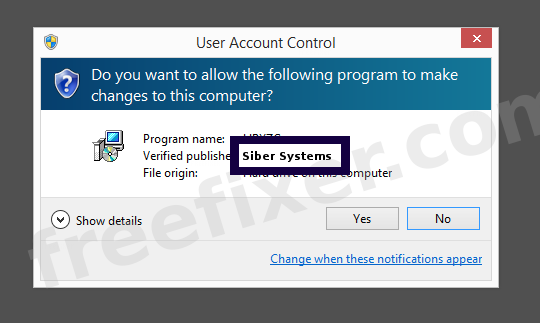 Screenshot where Siber Systems appears as the verified publisher in the UAC dialog